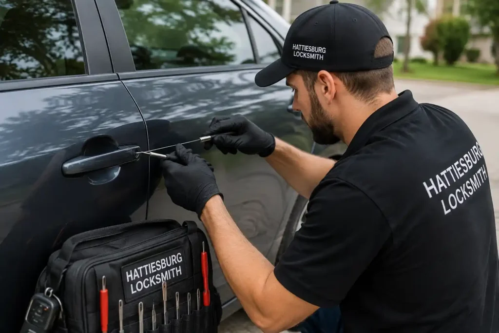 Hattiesburg locksmith unlocking a car door during a car lockout