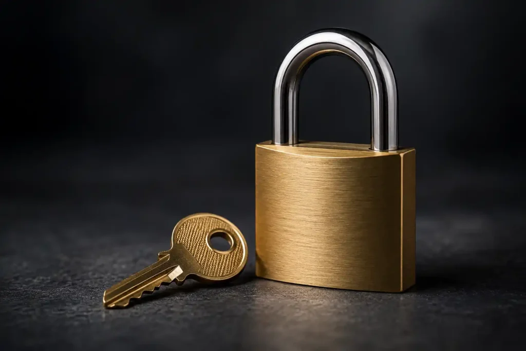 Brass padlock and key on a dark surface